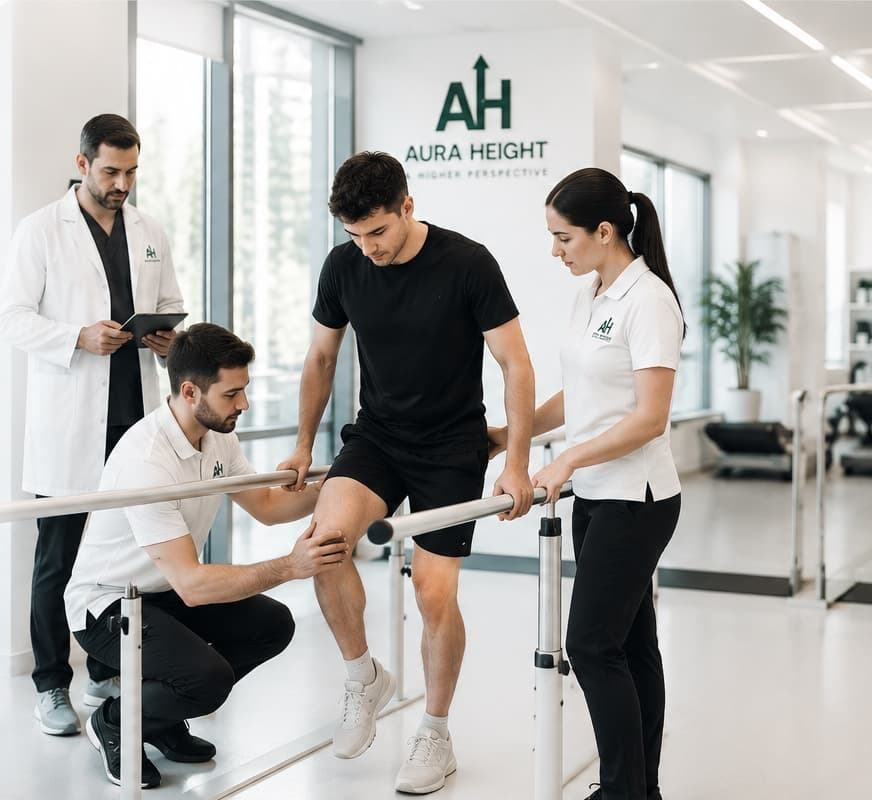 The Aura Height team — surgeon, physiotherapists and a patient during a rehabilitation session